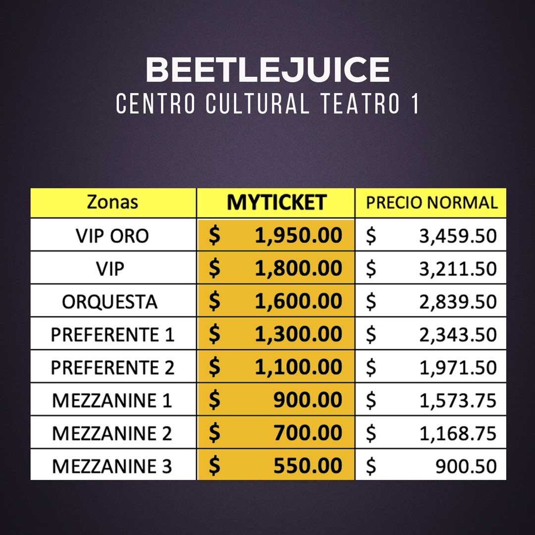 Beetlejuice el musical. Directamente desde Broadway. Únicas fechas, Centro Cultural Teatro 1. Precios-Boletos-Descuentos-Lugares-Boletos-Entradas-Myticketmx