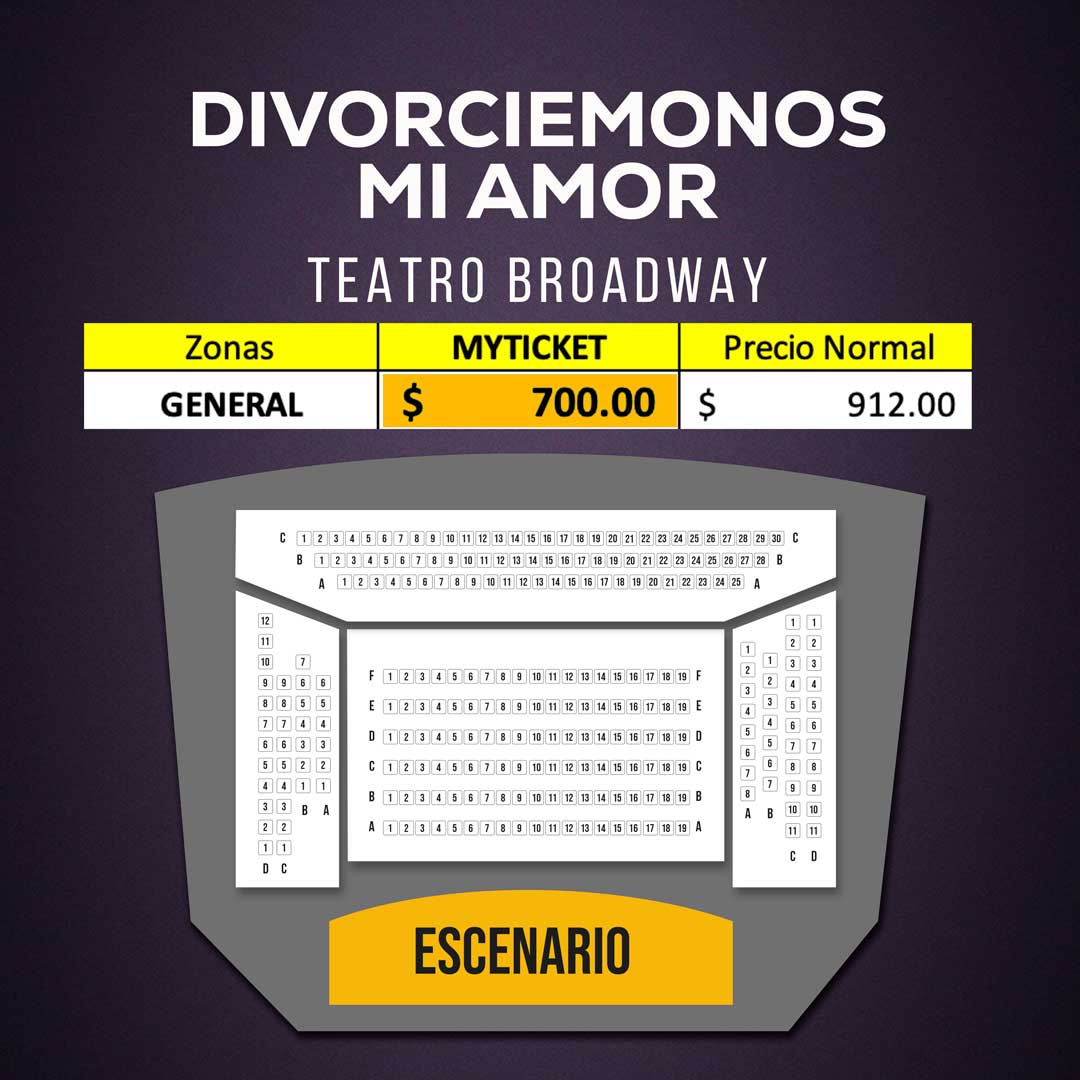 Divorciemonos mi amor, obra de teatro de comedia con: Lis Vega, Adrián Di Monte, Mario Bezares, Michelle Vieth, Carlos Espejel, Homero Ferruzca en el teatro Broadway. Mapa, Lugares, descuentos, boletos, Myticketmx