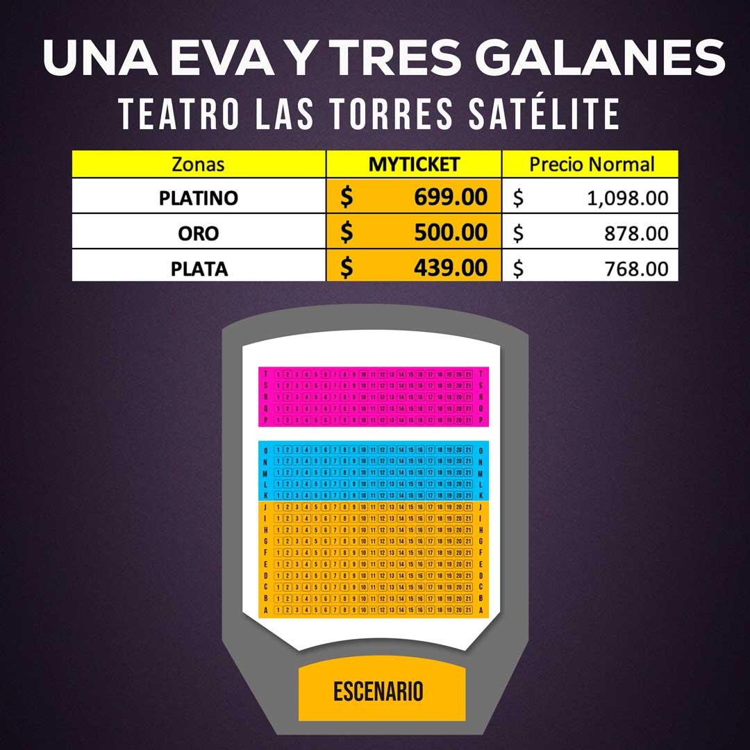 Una eva y tres galanes con César Évora, Mariazel, Omar Fierro, Mauricio Islas, Sabine Moussier y Francisco Gattorno. Teatro las torres Satélite. Boletos, Descuentos-lugares-mapa-precios. myticketmx